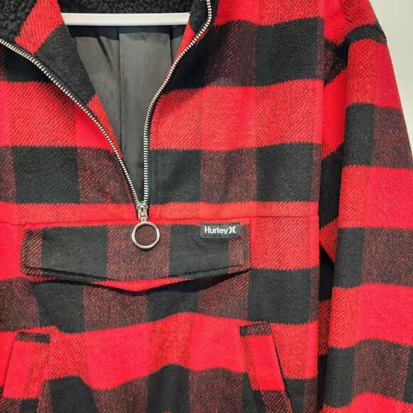 Hurley Teddy Fur Buffalo Plaid Jacket Size L Black Red 1/2 Zip Gorp Lumberjack - Picture 5 of 15